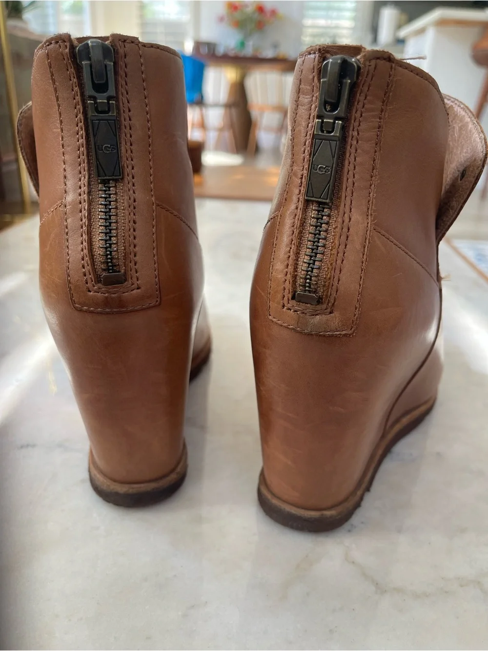 UGG Women's Tan Leather Wedge Ankle Boot 8